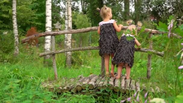 Ragazze in abiti di fantasia viola stare sul ponte — Video Stock