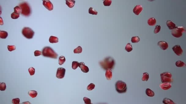 Pomegranate grains are falling on white background — Stock Video
