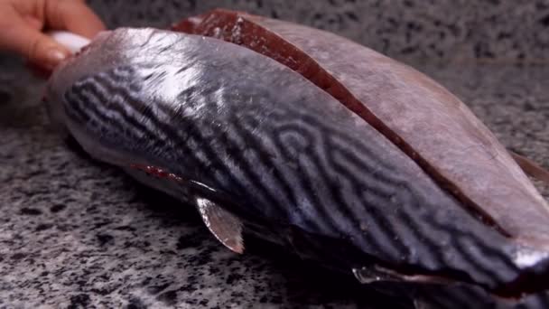 Knife turns aside a tuna fillet on a stone table — Stock Video