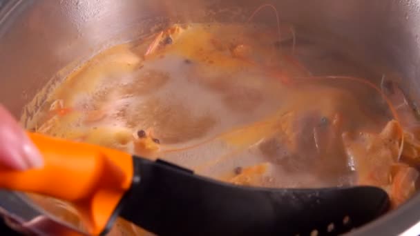 Large shrimps are mixing with spatula in a soup — Stock Video