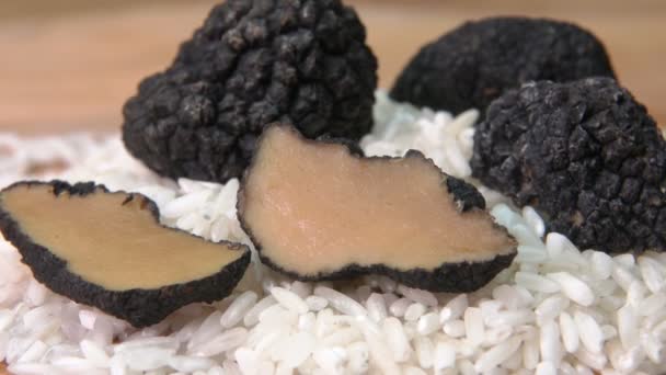 Black truffle fungus on a raw rice on wooden board — Stock Video