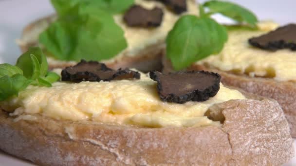 Slices of black truffle fall on cheese bruschetta — ストック動画