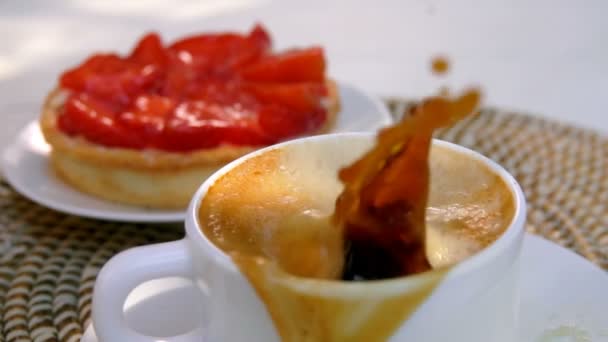 Sugar cube tombe dans le café expresso dans une tasse — Video