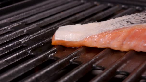 Primer plano de un filete de salmón crudo frito en la parrilla — Vídeos de Stock