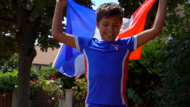 Rapaz saltando feliz com uma bandeira francesa nas mãos — Vídeo de Stock