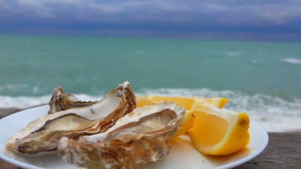 Okyanusa karşı taze istiridye ve limon. — Stok video