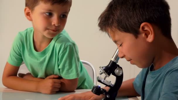 Deux frères et sœurs regardent à travers un microscope — Video