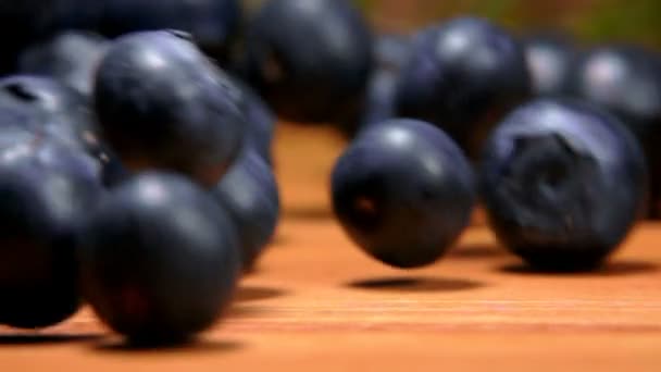 Κοντινό πλάνο ενός blueberries roll σε μια ξύλινη επιφάνεια — Αρχείο Βίντεο