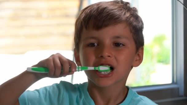 Niño con camiseta azul se limpia los dientes — Vídeo de stock