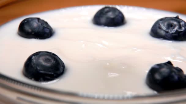 Große saftige Blaubeeren fallen auf köstlichen Joghurt — Stockvideo