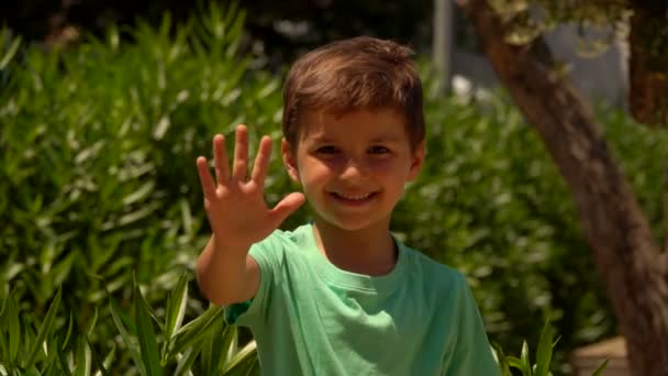 Un niño feliz con una camiseta verde muestra su palma abierta — Vídeo de stock