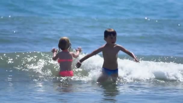子供たちは海岸の波で遊んでいる — ストック動画