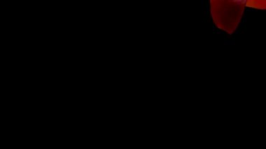 Juicy peach slices are flying diagonally on the black background
