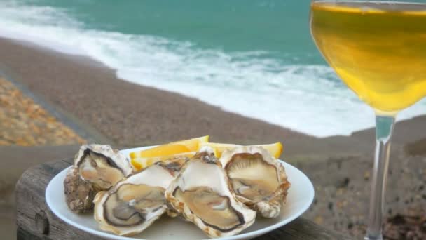 Тарелка со свежими устрицами, лимоном и вином на фоне океана — стоковое видео