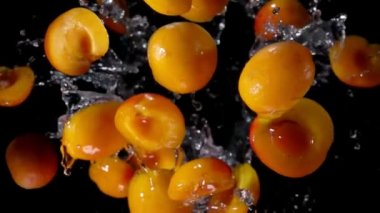 Ripe apricot halves are flying up with a water splashes on a black background