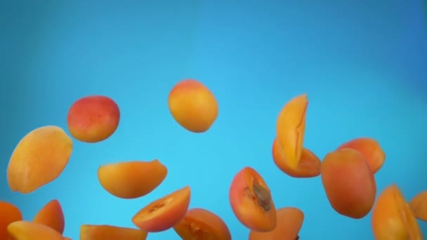 Juicy apricot halves are flying up on a blue background — Stock video