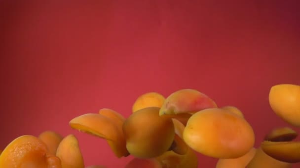 Juicy apricot halves are flying up on a red background — Stock Video