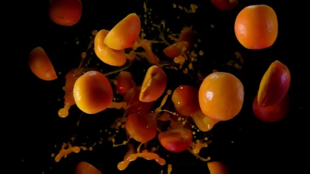 Вкусные спелые половинки абрикоса взлетают с брызгами сока — стоковое видео
