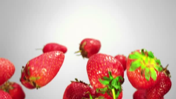 Red delicious strawberries are flying on the white background — Stockvideo