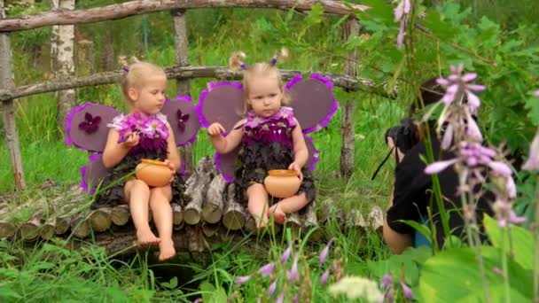 Female photographer takes pictures of little girls playing violet butterflies — Stok video