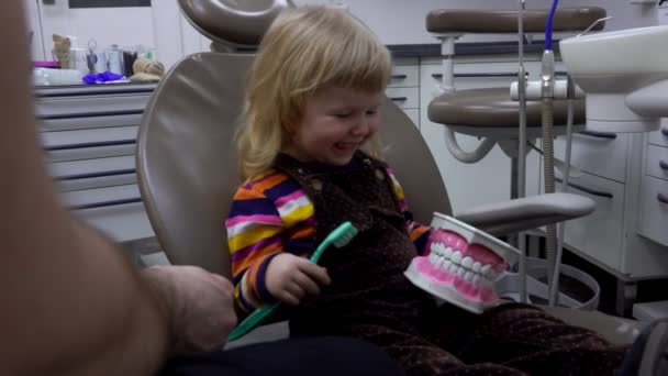 Счастливая маленькая девочка учится чистить зубы модели челюсти — стоковое видео