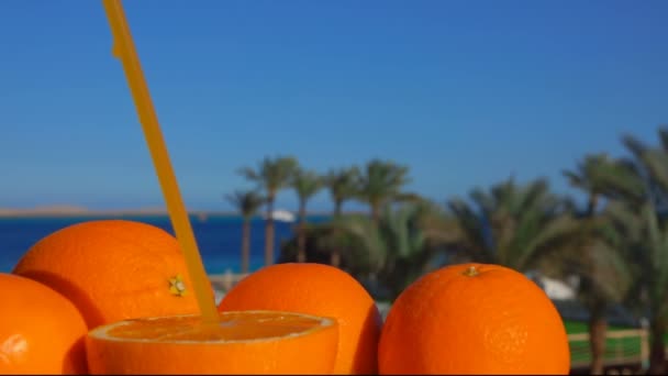 Tasty orange juice is running from the halved orange through a plastic straw — Stock Video