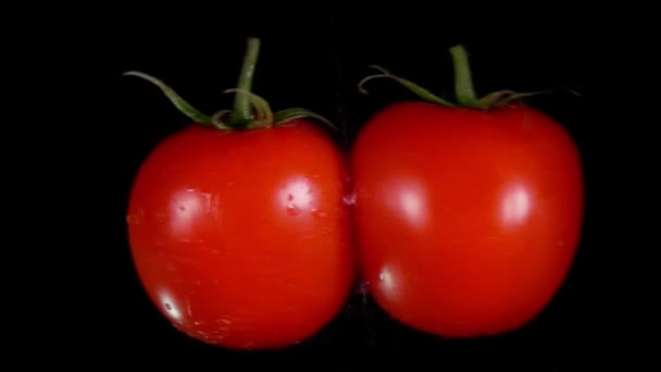 Two ripe red tomatoes are flying on the black background and colliding — Stock Video