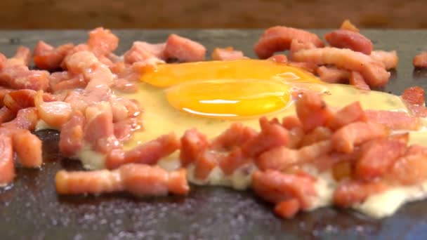 Egg with chopped bacon, roasted on the hot surface of the grill — 图库视频影像