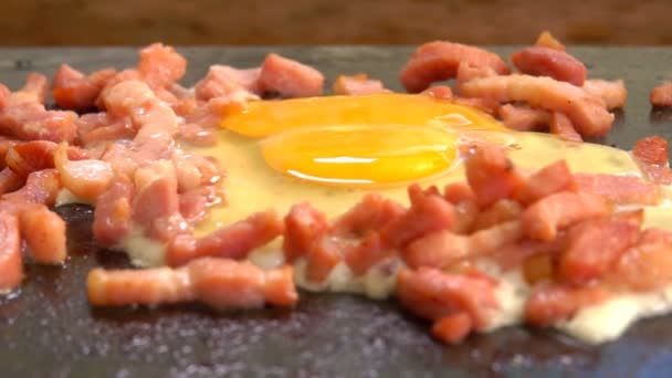 Egg with chopped bacon, roasted on the hot surface of the grill — Stock Video