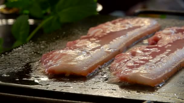 Close up of strips of bacon roasting of the stone grill surface outdoors — 图库视频影像