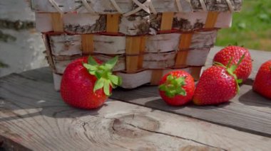 Dışarıdaki ahşap bir masada sepetteki olgun kırmızı çilek panoraması.