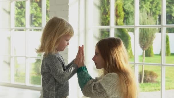 Portrait of two sweet little sisters playing with each other in a sunlit hall — Stock Video