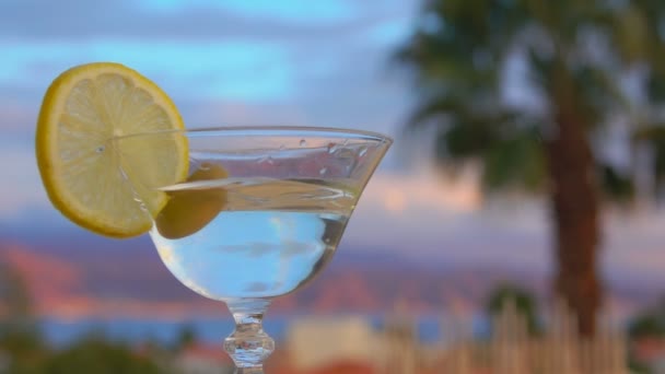 Uma azeitona verde está caindo em um copo com vermute Martini e fatia de limão — Vídeo de Stock