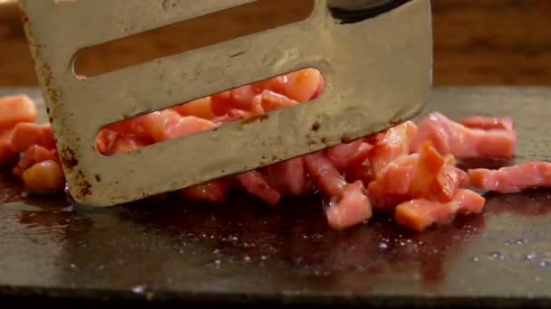 La pancetta tritata sta arrostendo sulla superficie calda della griglia in pietra — Video Stock
