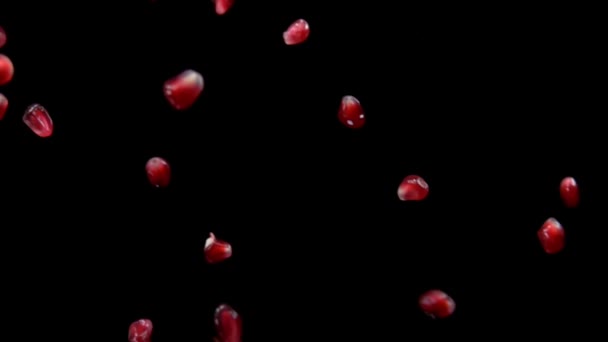 Juicy grains of ripe pomegranate are falling on the black background — Stock Video