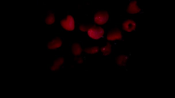 Framboises mûres rouges délicieux volent avec des éclaboussures et des gouttes d'eau — Video