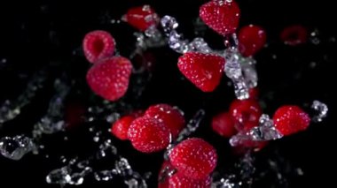 Lezzetli ahududular siyah arka planda su damlalarıyla uçuyor. 