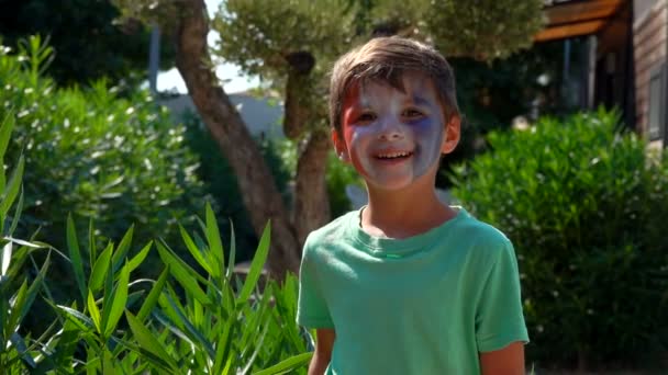 Kleine jongen is een fan van de Franse ploeg, met make-up in de vorm van een Franse vlag — Stockvideo