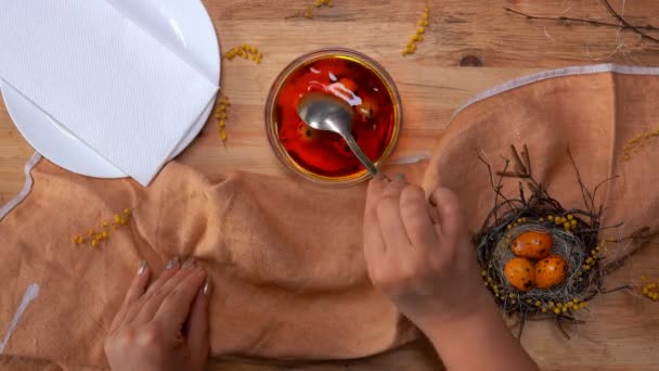 Женская рука берет перепелиные пасхальные яйца из миски с раствором для окраски — стоковое видео