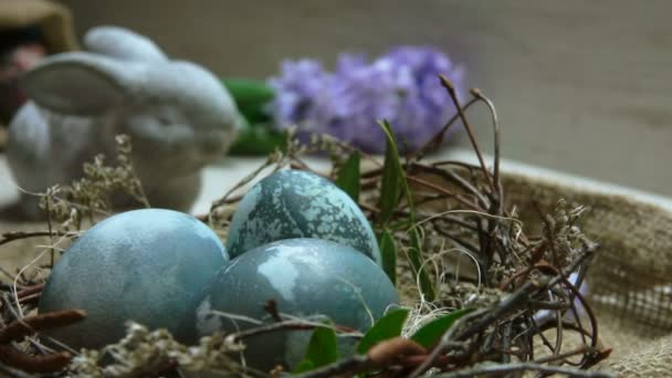 Hibiskus-Tee gefärbtes Osterei im Nest vor dem Hintergrund von Hiacintes-Blumen — Stockvideo