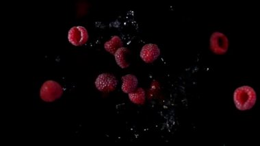 Lezzetli kırmızı ahududular yavaş çekimde su damlalarıyla uçuyor.