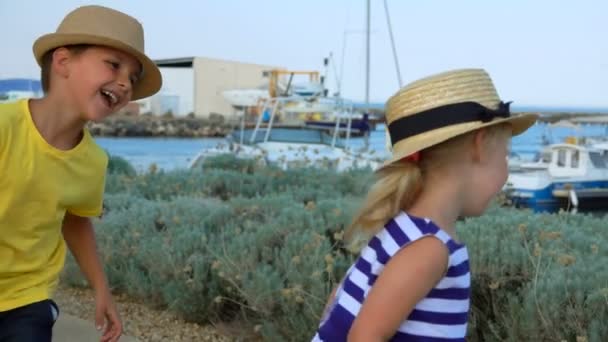 Niño pequeño y adorable chica rubia en sombreros de paja están jugando ponerse al día — Vídeos de Stock