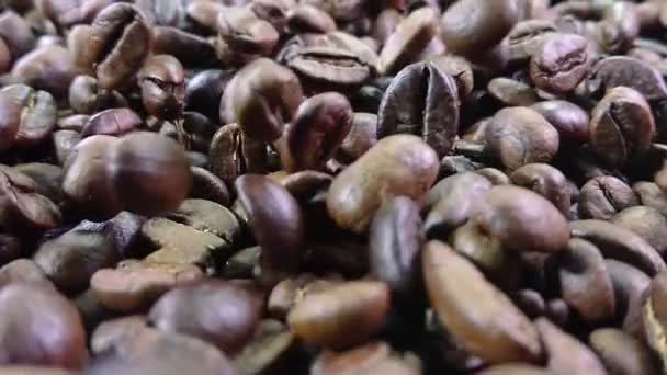 コーヒー豆の山の上に落ちるローストコーヒー豆のクローズアップビュー — ストック動画