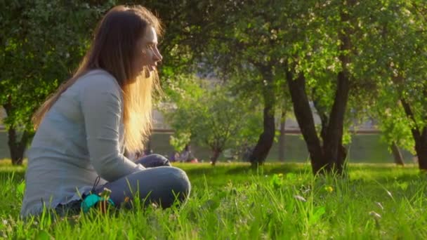 Vrouw is spelen met haar zwart en wit Engels cocker spaniel — Stockvideo