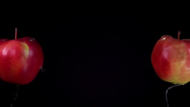 两个红苹果撞在一个黑色的背景上，激起了水花 — 图库视频影像