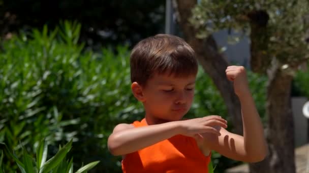 En liten glad solbränd pojke i orangskjorta visar sina bicepsmuskler — Stockvideo