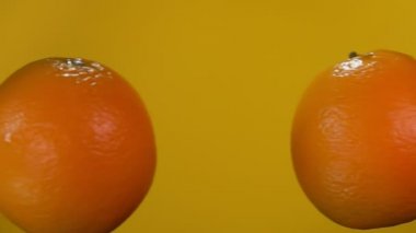 Sarı arka planda iki sulu portakal çarpışıyor.