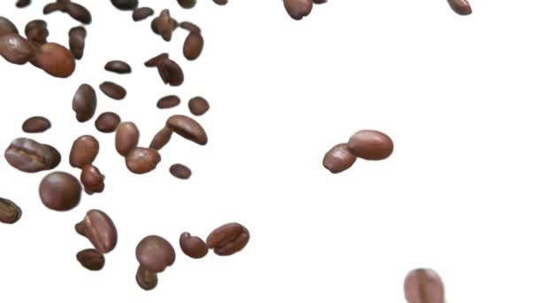 Geröstete Arabica-Kaffeebohnen fliegen und drehen sich auf weißem Hintergrund — Stockvideo