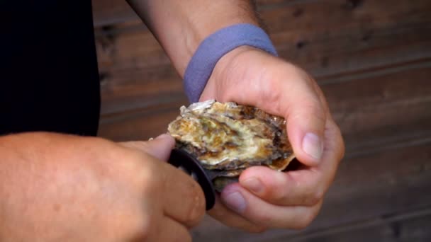 El hombre abre una ostra fresca y deliciosa con un cuchillo especial — Vídeos de Stock