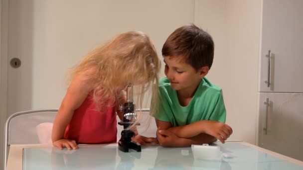 Una chica linda está mirando a través de un microscopio y luego dejar que un chico para echar un vistazo — Vídeos de Stock